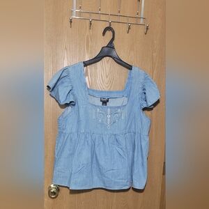 Wrangler Retro Floral  Embroidered Boho Western Cowgirl Flutter Sleeve Top XL